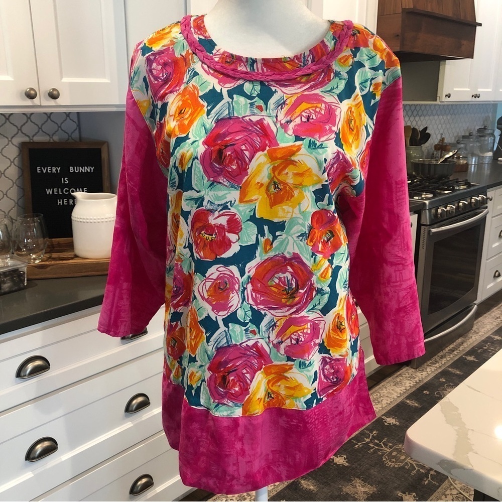 Bonnie Boynton Pink Floral Tunic Top Colorful Blouse Cottage Granny Core Size S